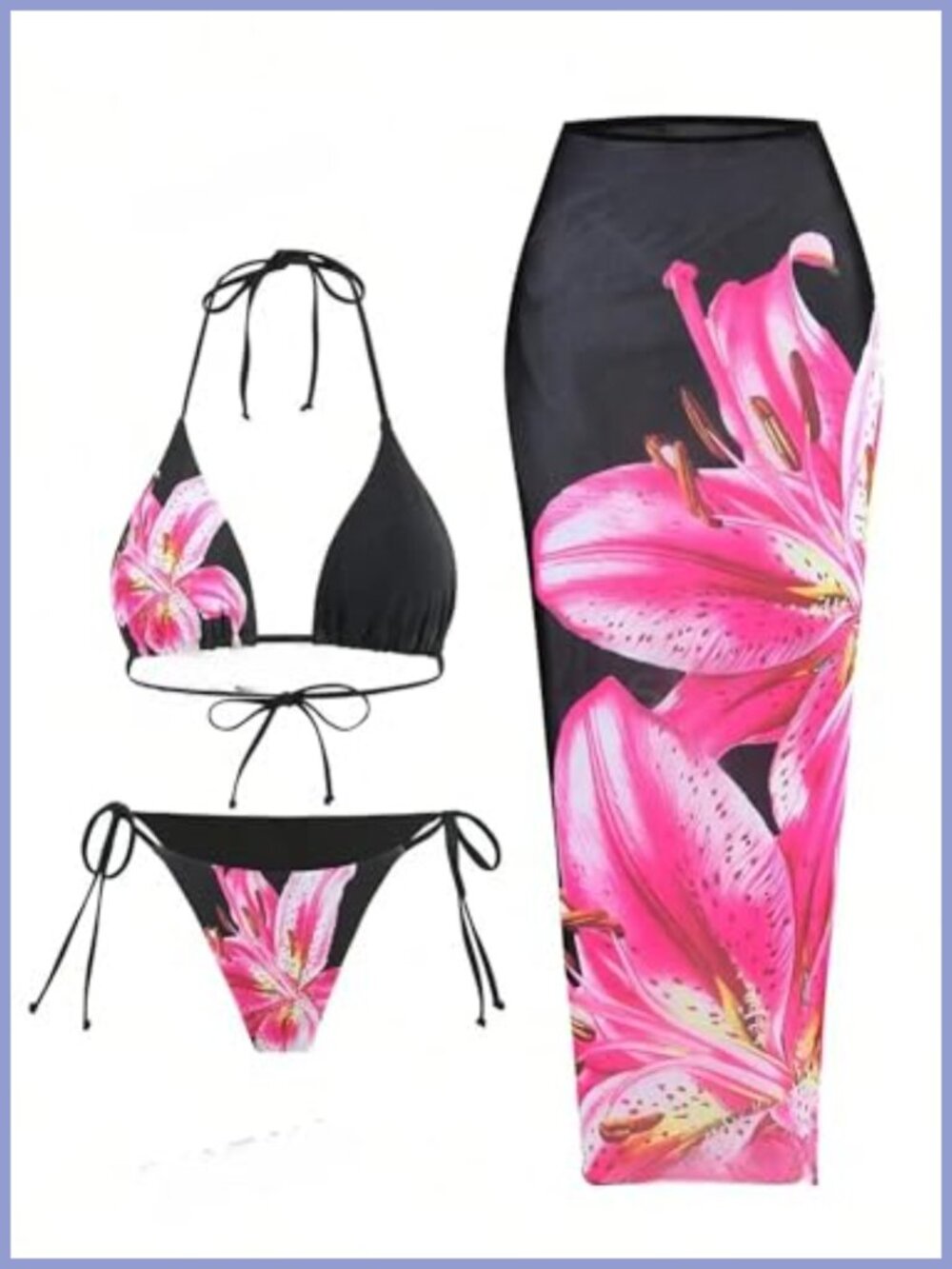 Floral Halter Bikini Set with Cover Up Skirt 3 Piece Swimsuit